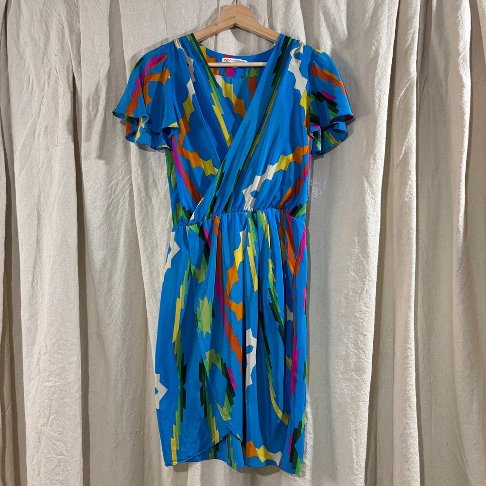 Amanda Uprichard Blue Silk Geometric Wrap Dress Flutter Sleeve Small Made in USA